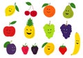 Cute fruit and berry set. Cartoon fruits characters with funny and smile faces for kids design. Vector illustration. Royalty Free Stock Photo